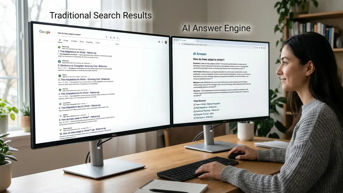 Comparison of traditional SEO search results versus AI answer engine synthesized response showing source citations
