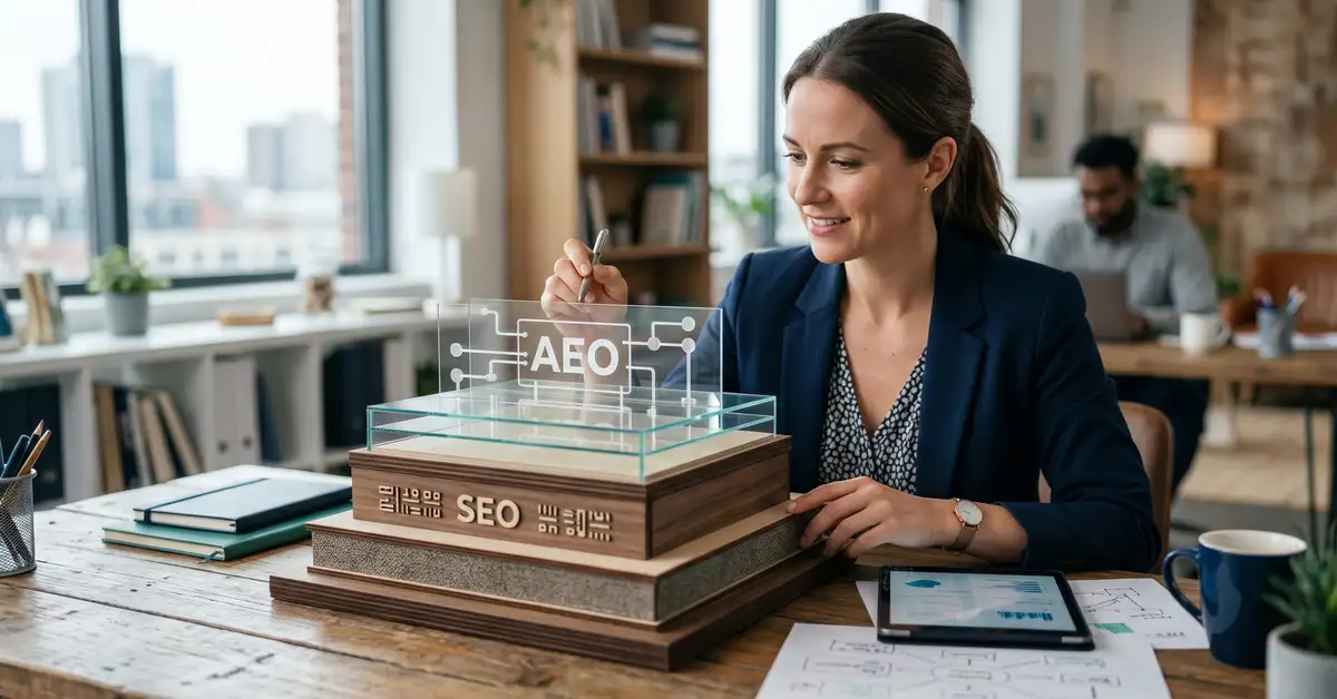A layered structure with a solid SEO base and an AEO layer added on top, representing AEO building on SEO