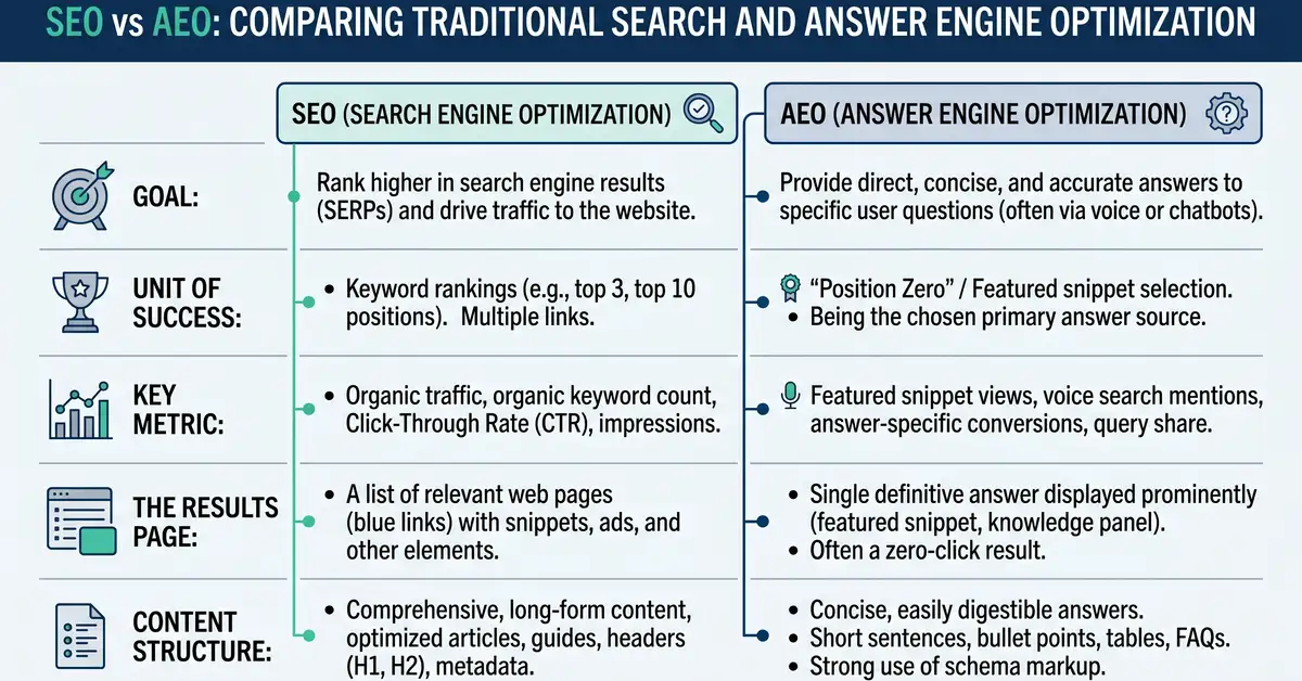 A comparison infographic of SEO versus AEO across goal, unit of success, metric, results page, and content structure