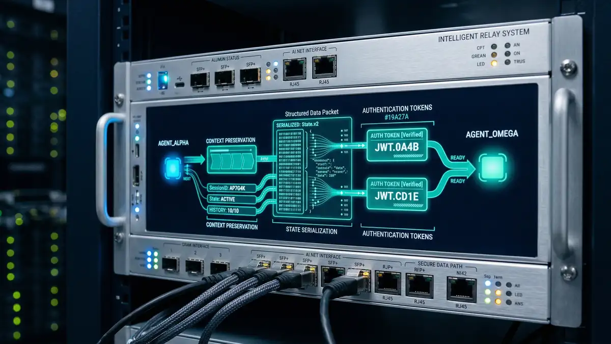 AI agent transferring structured data packet to another agent with context preservation indicators and authentication tokens