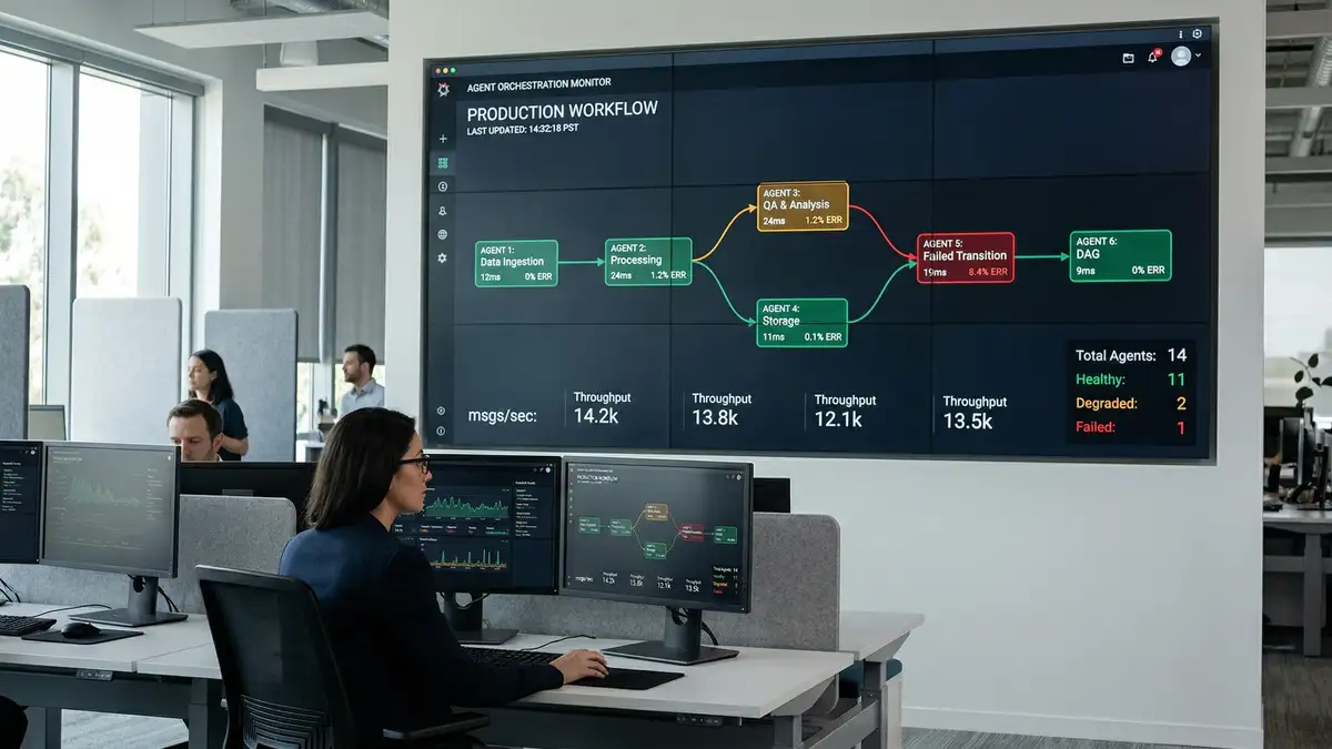 Production monitoring dashboard showing multi-agent workflow performance metrics with handoff latency and error rate displays