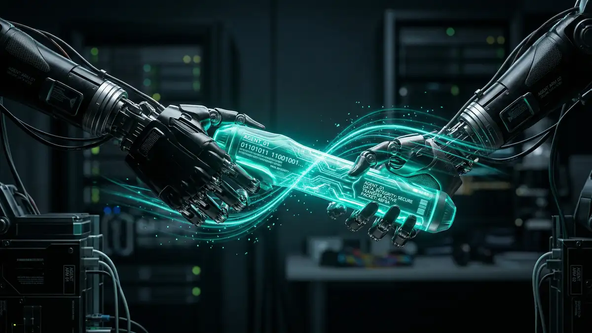 Robotic hands passing a glowing digital baton symbolizing clean agent-to-agent handoff with data integrity