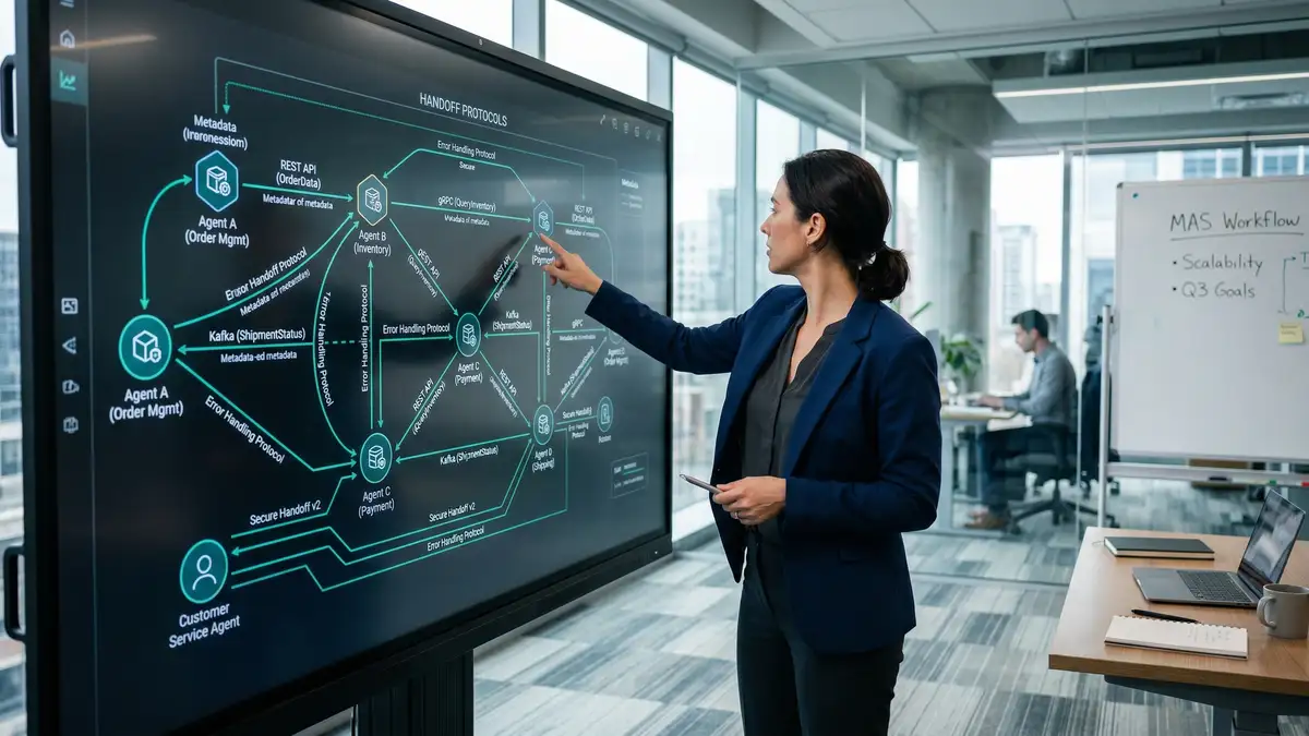 Enterprise architect reviewing multi-agent system blueprint on interactive display with handoff protocol connections