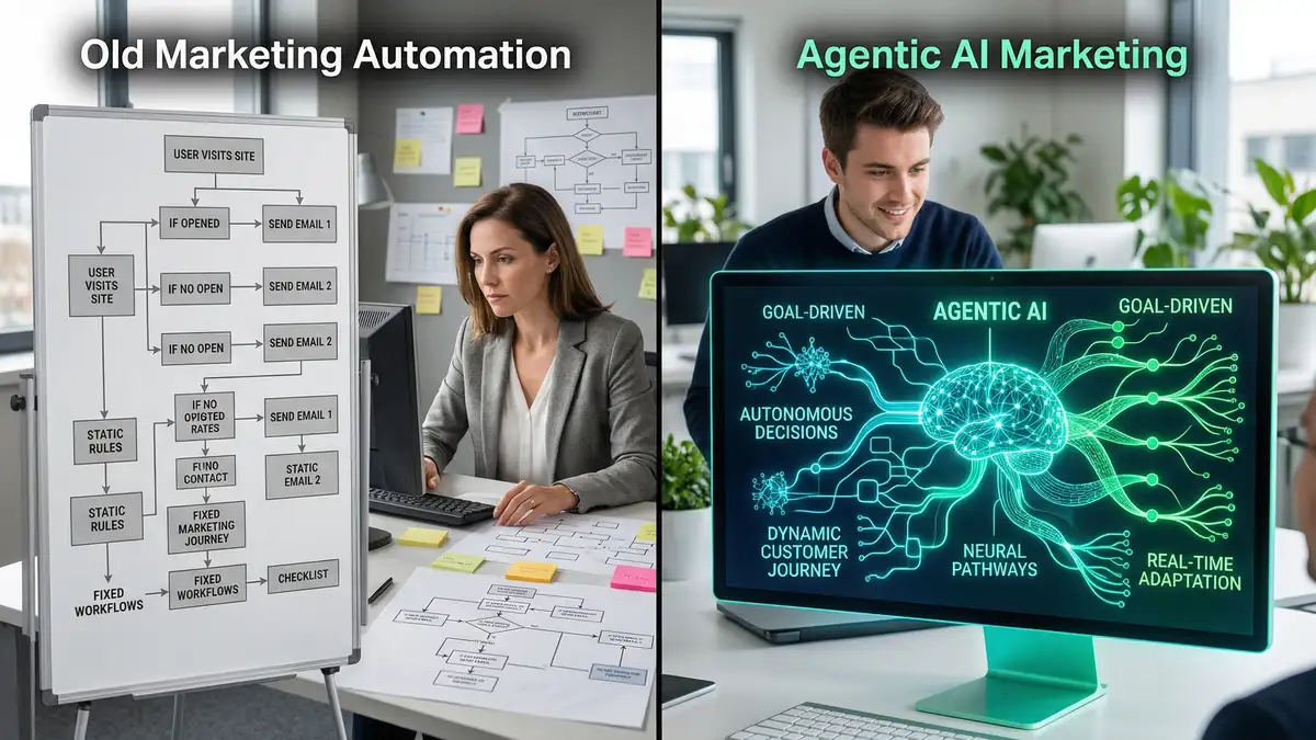 Visual comparison of rule-based marketing automation with static workflows versus agentic AI marketing with dynamic autonomous decision pathways
