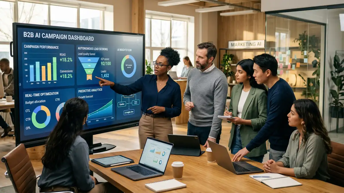 B2B marketing team collaborating around interactive screen with AI-driven campaign dashboards showing real-time optimization and predictive analytics