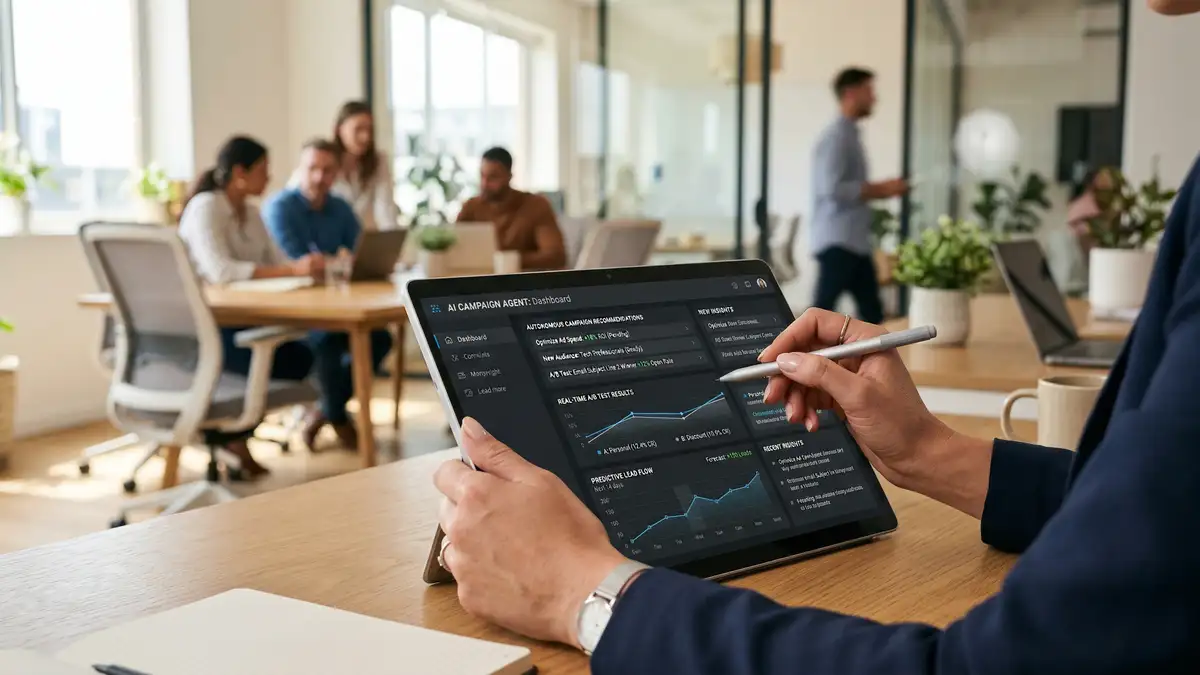 Marketing executive reviewing AI agent interface showing autonomous campaign recommendations and predictive lead scoring