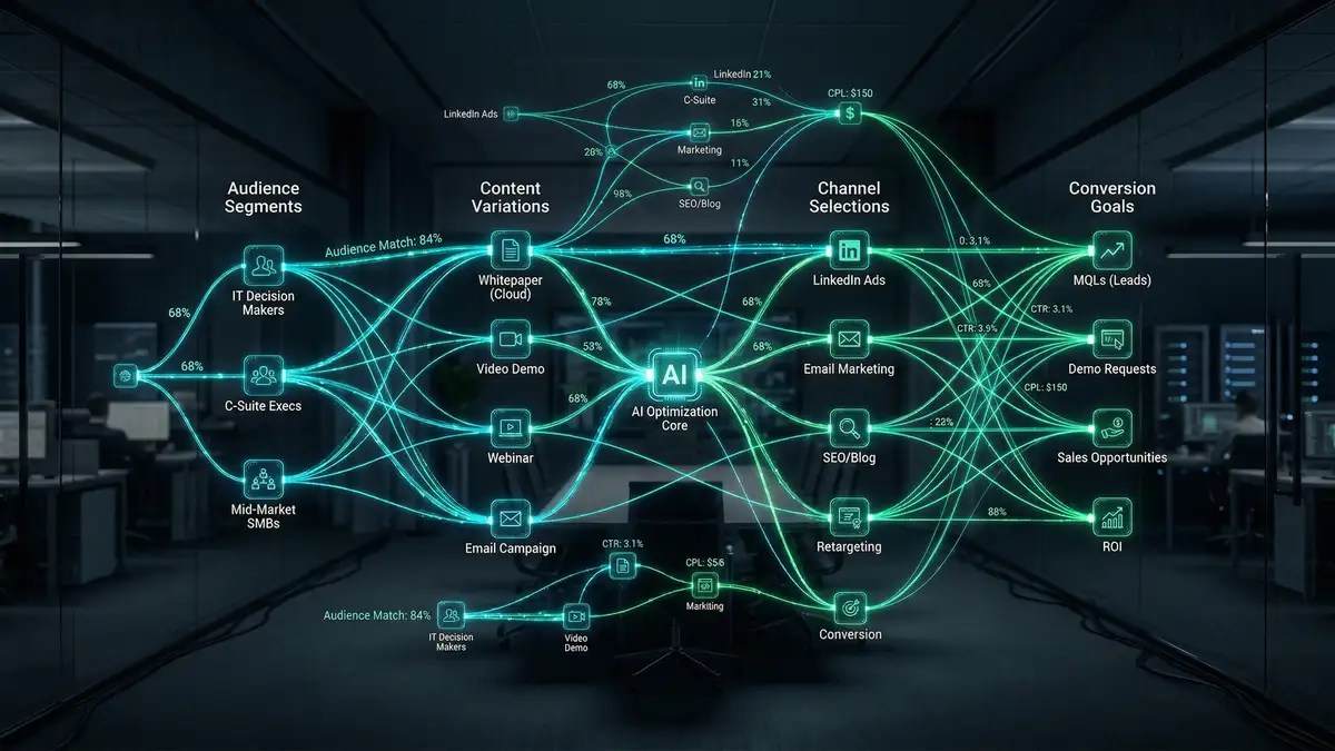 Abstract visualization of AI marketing agent decision-making process with interconnected nodes for audience segments and conversion goals