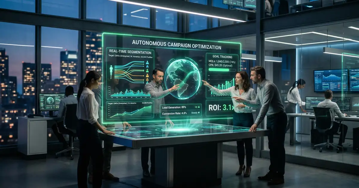 Agentic marketing concept showing autonomous AI systems orchestrating B2B campaign decisions across multiple channels with goal-driven optimization