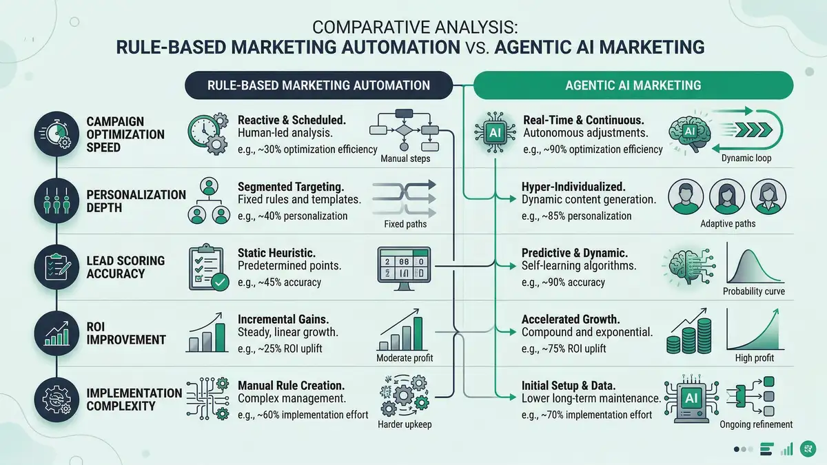 Data visualization infographic comparing rule-based marketing automation versus agentic AI marketing across five dimensions including optimization speed and ROI improvement