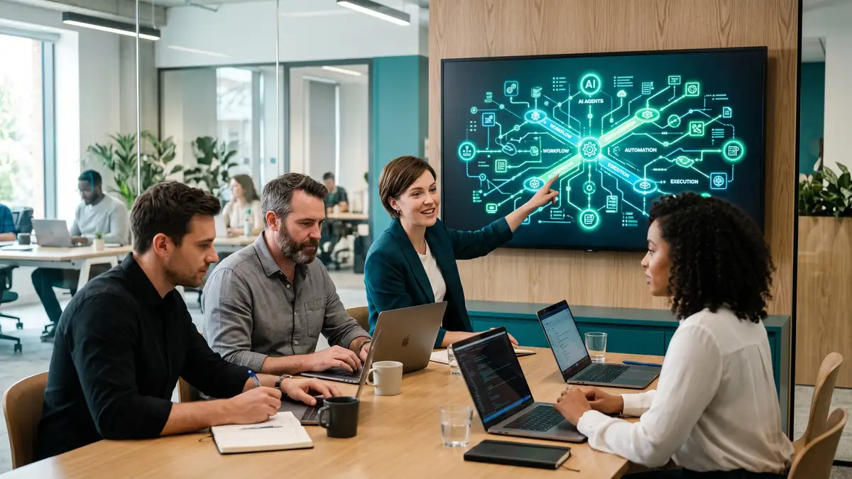 B2B team comparing agentic automation platforms on a monitor showing autonomous AI agents orchestrating multi-step business workflows as connected nodes