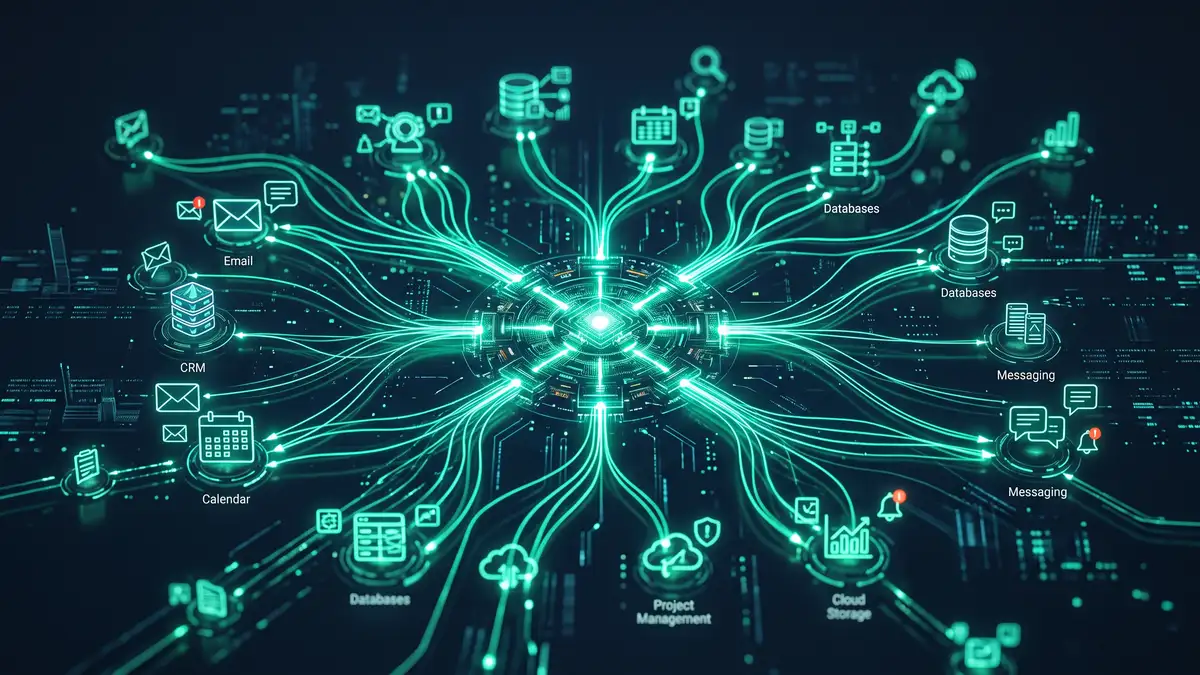A single autonomous AI agent visualised as a glowing orchestration hub connecting to CRM, email, calendar, and databases across an entire B2B tech stack