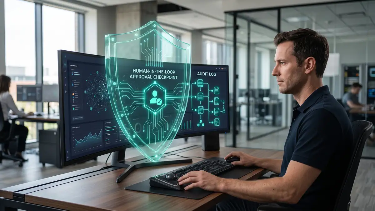 Governance concept showing a protective shield over an AI agent dashboard with a human-in-the-loop approval checkpoint and audit log, representing de-risked agentic automation
