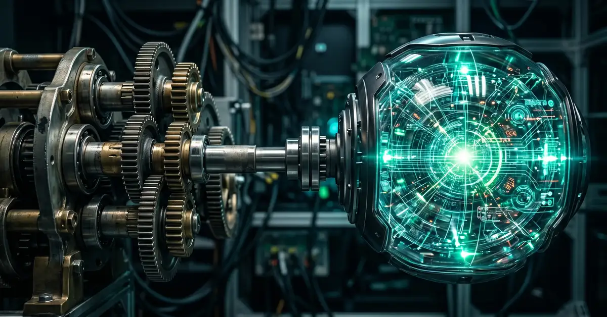 A hybrid system showing a reliable mechanical gear train feeding into a glowing intelligent AI core
