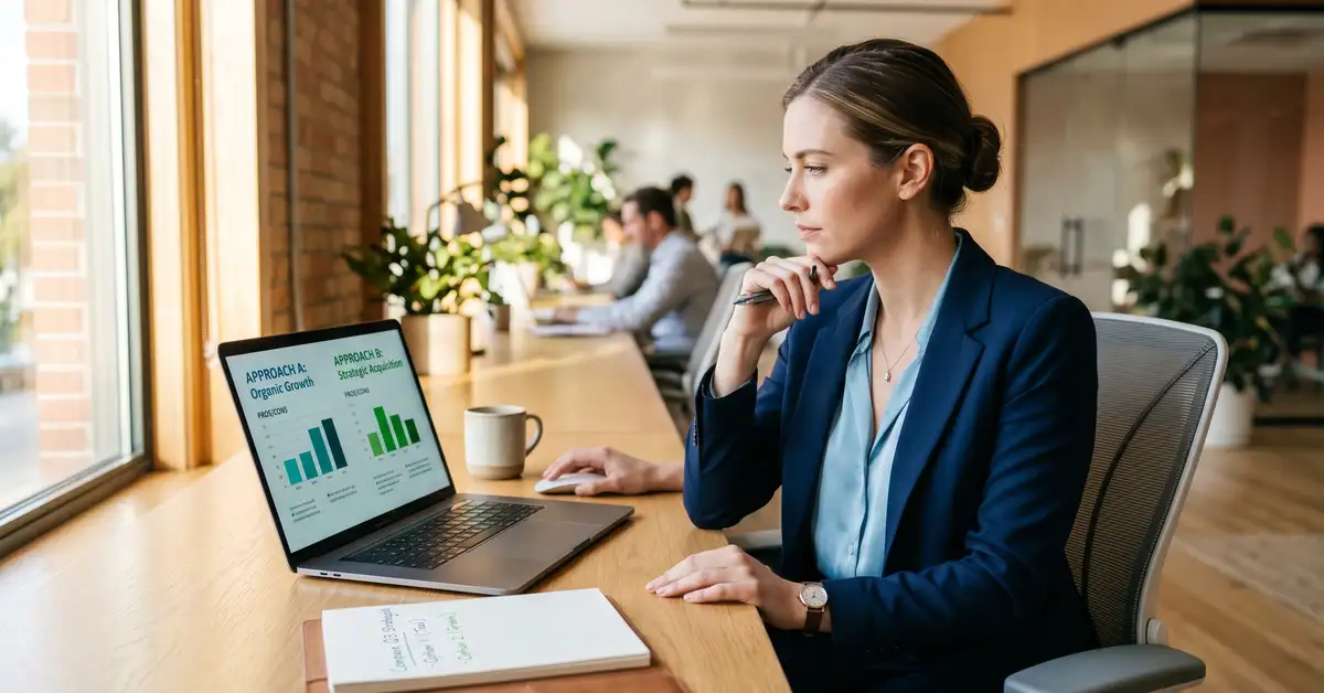 A business professional at a laptop comparing two automation approaches on screen