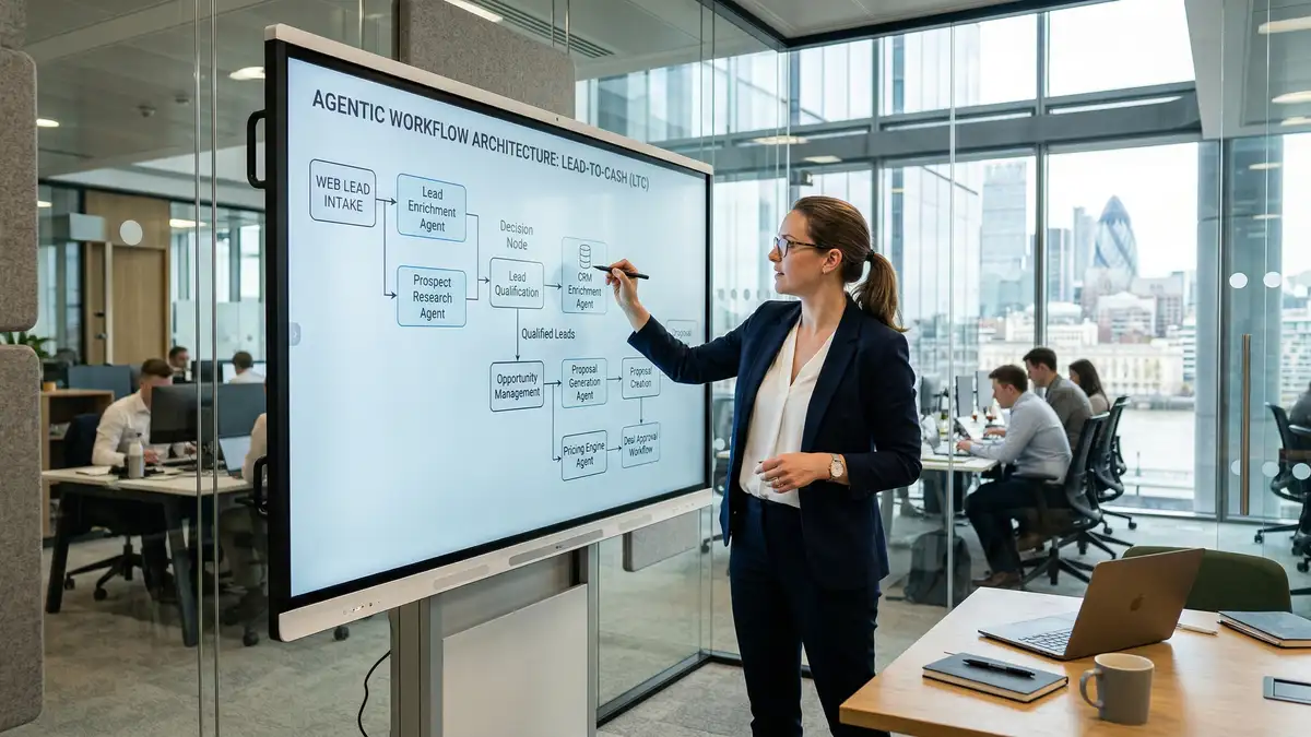 Business strategist mapping agentic workflow architecture on interactive whiteboard connecting AI agent nodes to business process blocks