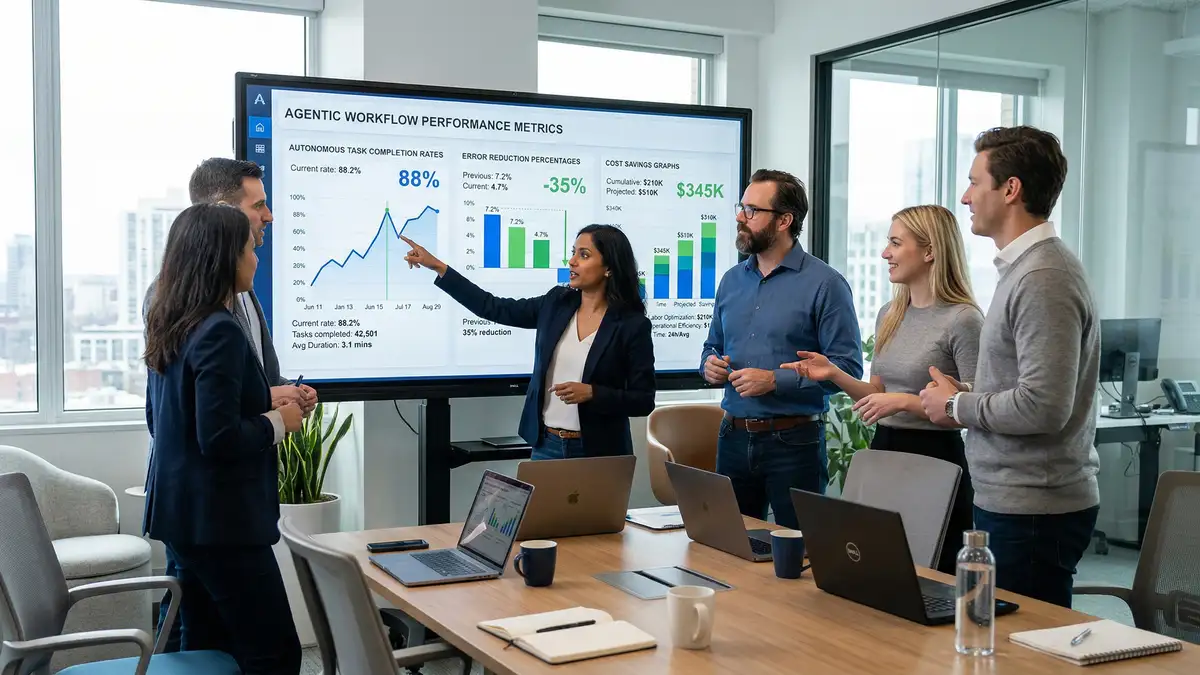 Team of professionals reviewing agentic workflow performance metrics on large dashboard screen showing autonomous task completion rates and cost savings