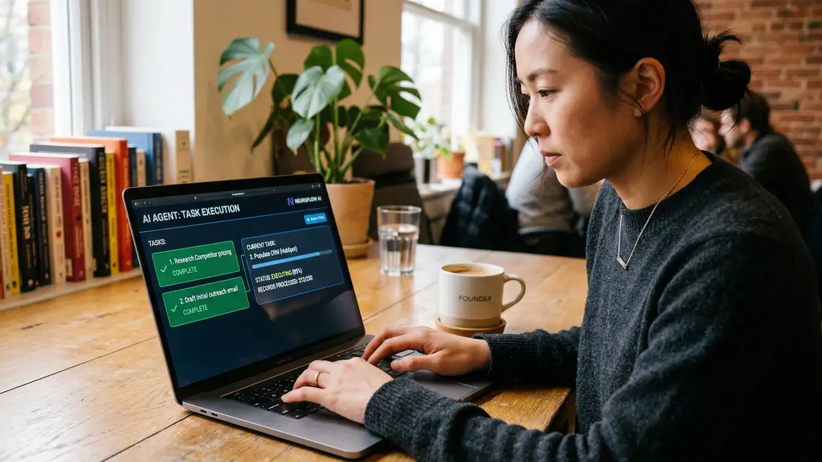 Founder working on laptop with AI agent interface showing autonomous task execution with green checkmarks and progress indicators