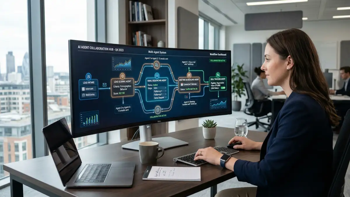 Multi-agent system visualization on monitor showing interconnected AI agents collaborating on B2B sales pipeline with workflow nodes