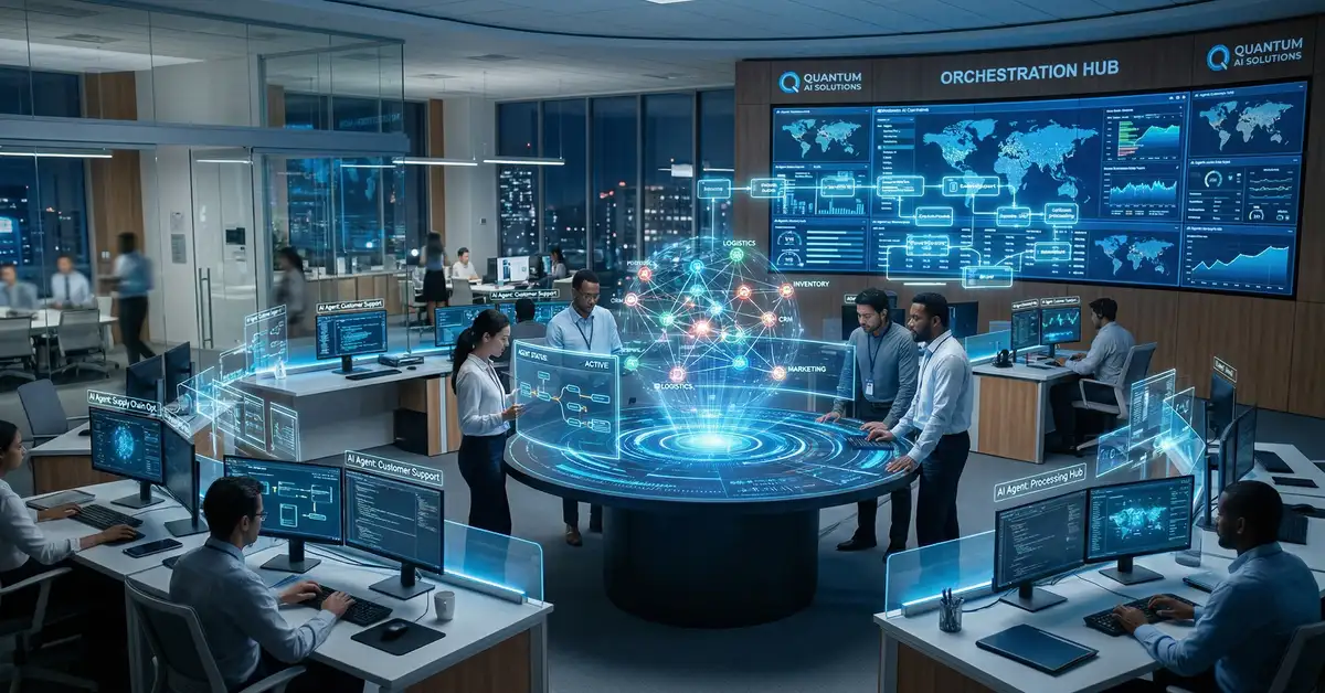 Modern command center showing multiple AI agents working autonomously on interconnected business processes with holographic workflow diagrams