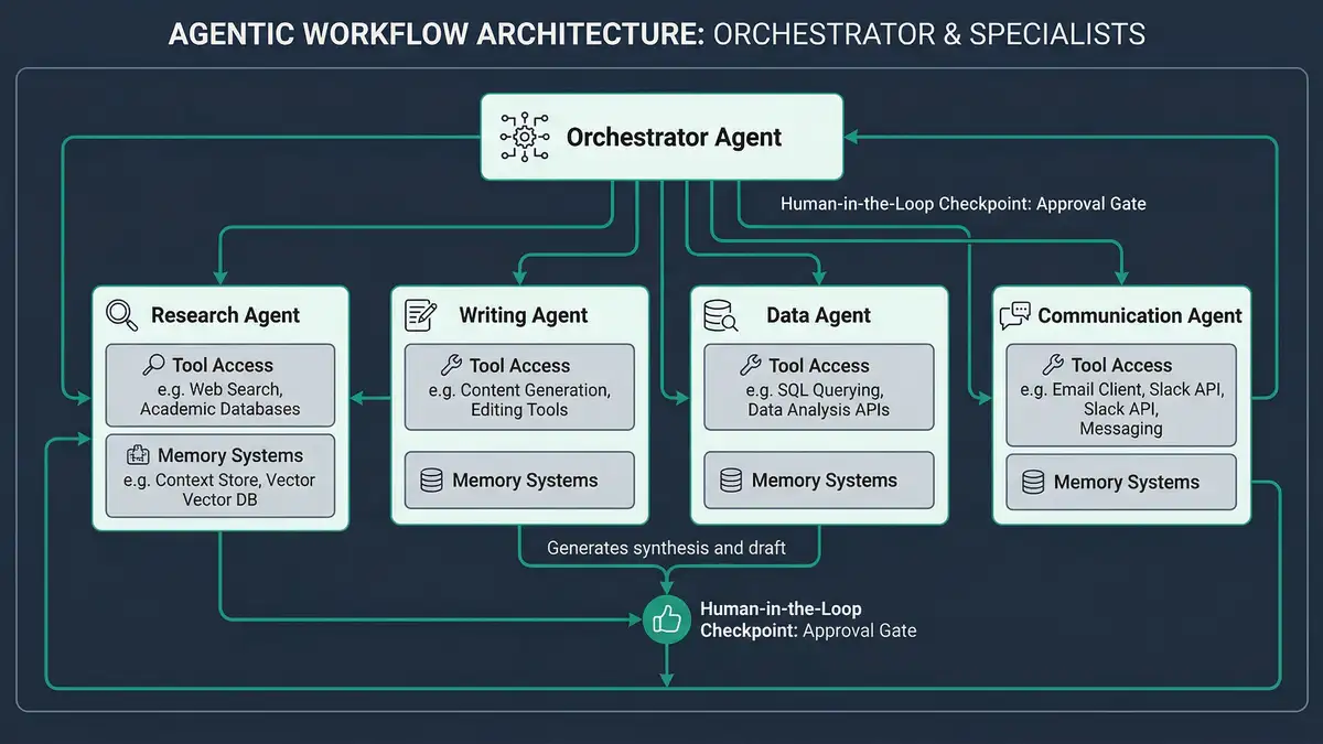 Technical architecture diagram showing agentic workflow layers with orchestrator agent connecting to specialist agents with tool access memory systems and human-in-the-loop checkpoints