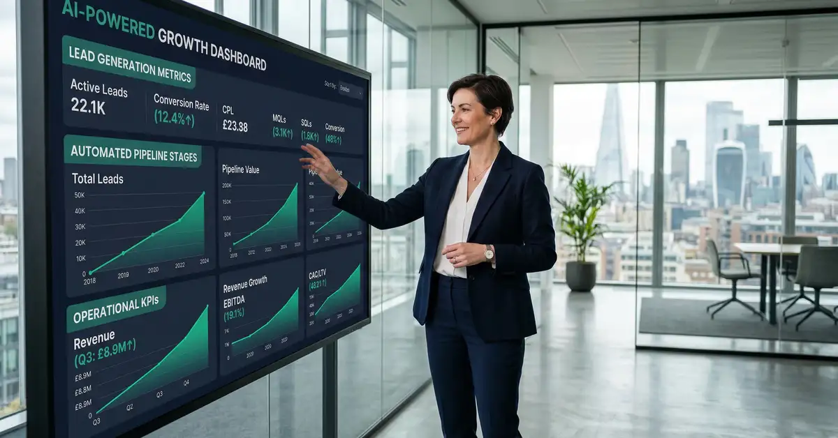 Female CEO reviewing an AI-powered growth dashboard with lead generation metrics and automated pipeline stages in a modern glass-walled office