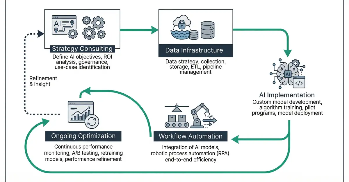 AI agency service model showing strategy consulting, AI implementation, workflow automation, data infrastructure, and optimization