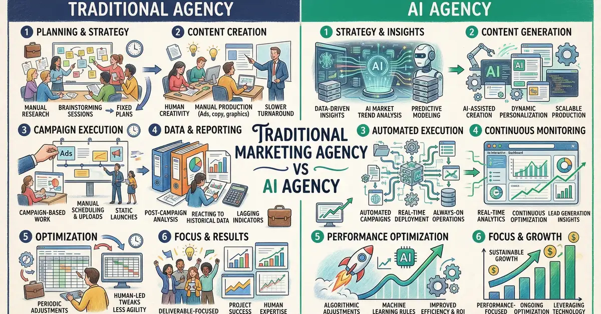 Comparison of traditional marketing agency vs AI agency approaches