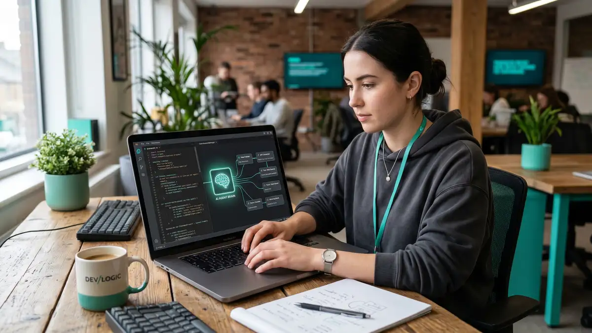 Developer building an AI agent on a laptop showing code and a connected agent workflow, illustrating the development cost of an AI agent