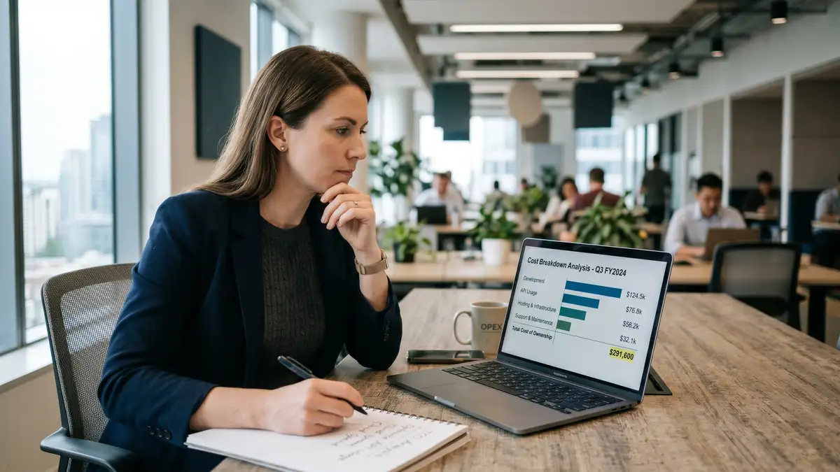 Operations professional reviewing an AI agent cost breakdown chart with line items for development, API usage, and hosting