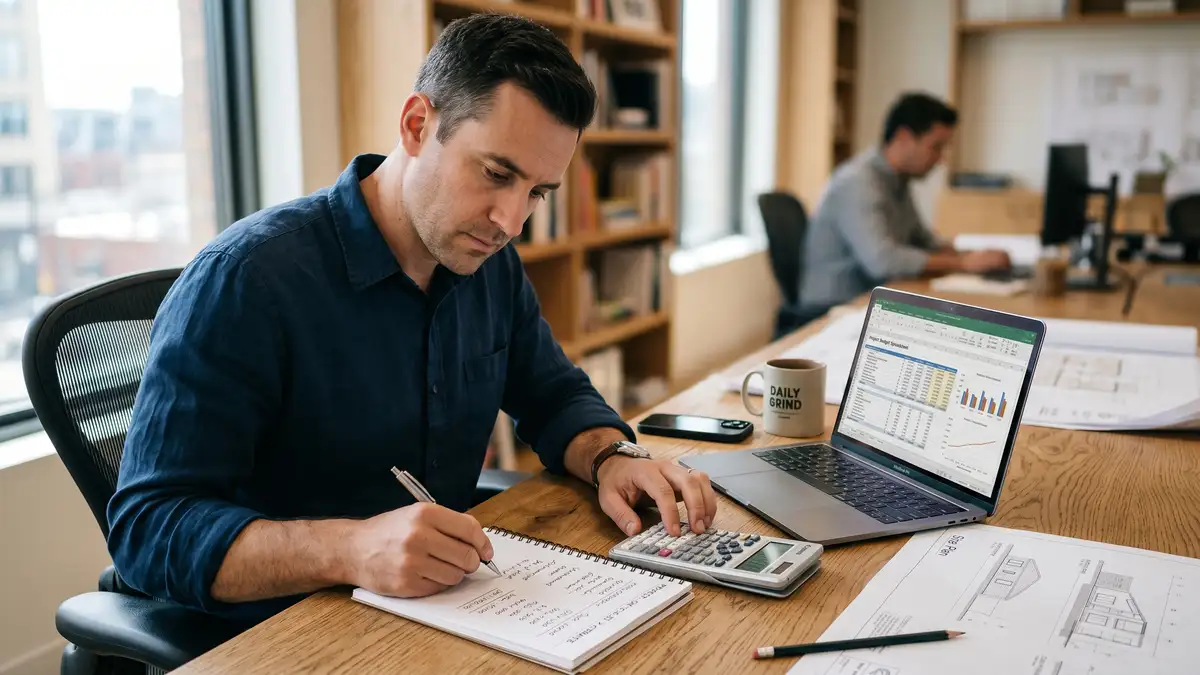 Person calculating AI agent project costs with a calculator and notepad, estimating a build budget