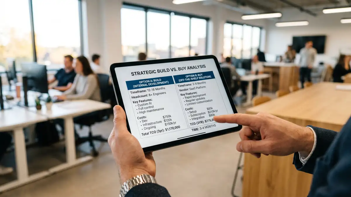 Tablet showing a build versus buy decision with cost figures, illustrating how AI agent complexity drives cost