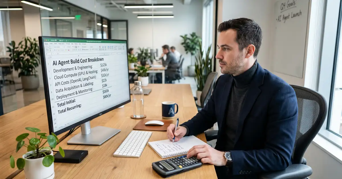 B2B founder reviewing a transparent cost breakdown for building an AI agent on a monitor with a calculator, budgeting an AI agent build