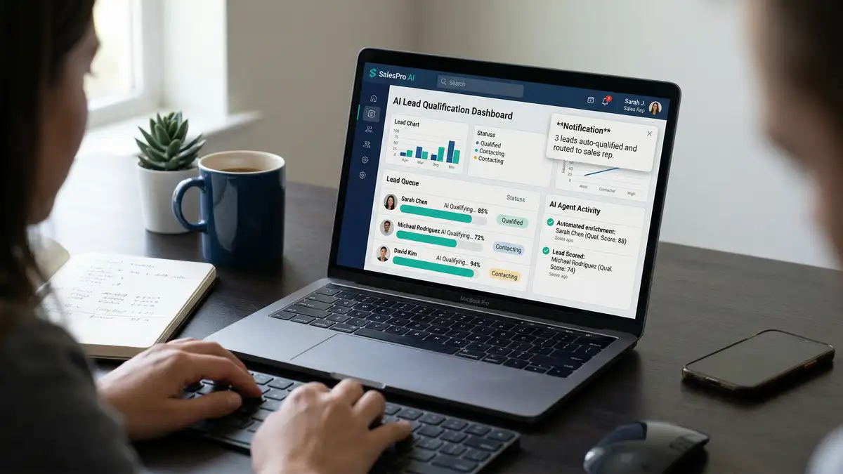 B2B sales professional laptop screen showing AI agent autonomously qualifying leads in CRM with teal-green scoring dashboard