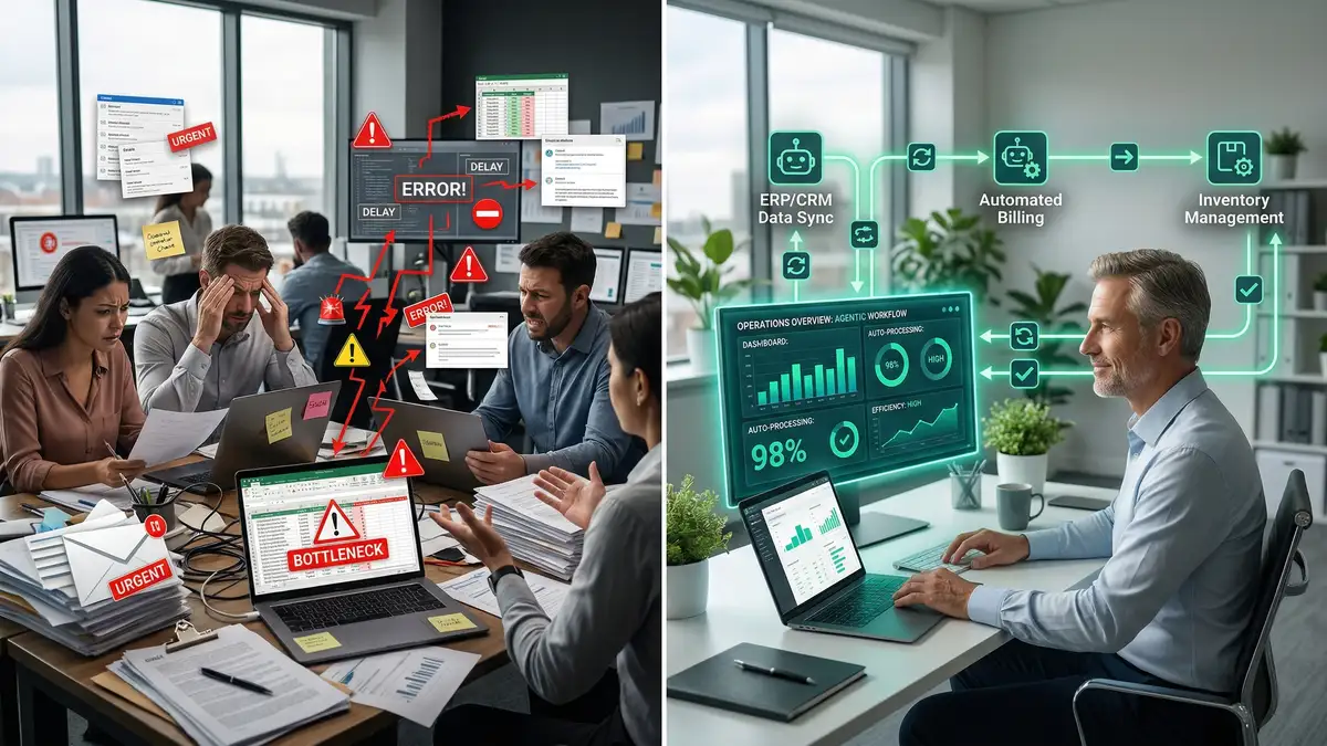 Side-by-side comparison of stressed B2B team with manual spreadsheets versus calm executive monitoring automated AI agent workflows with teal-green data flows