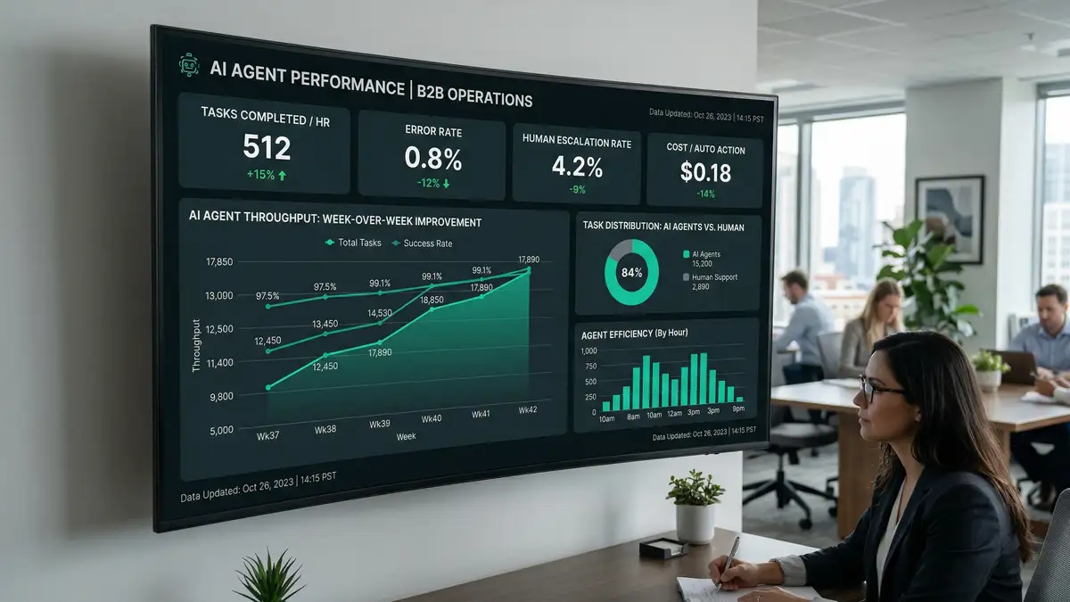 Modern analytics dashboard showing AI agent performance metrics with task completion rates error rates and cost per action in teal-green data visualizations