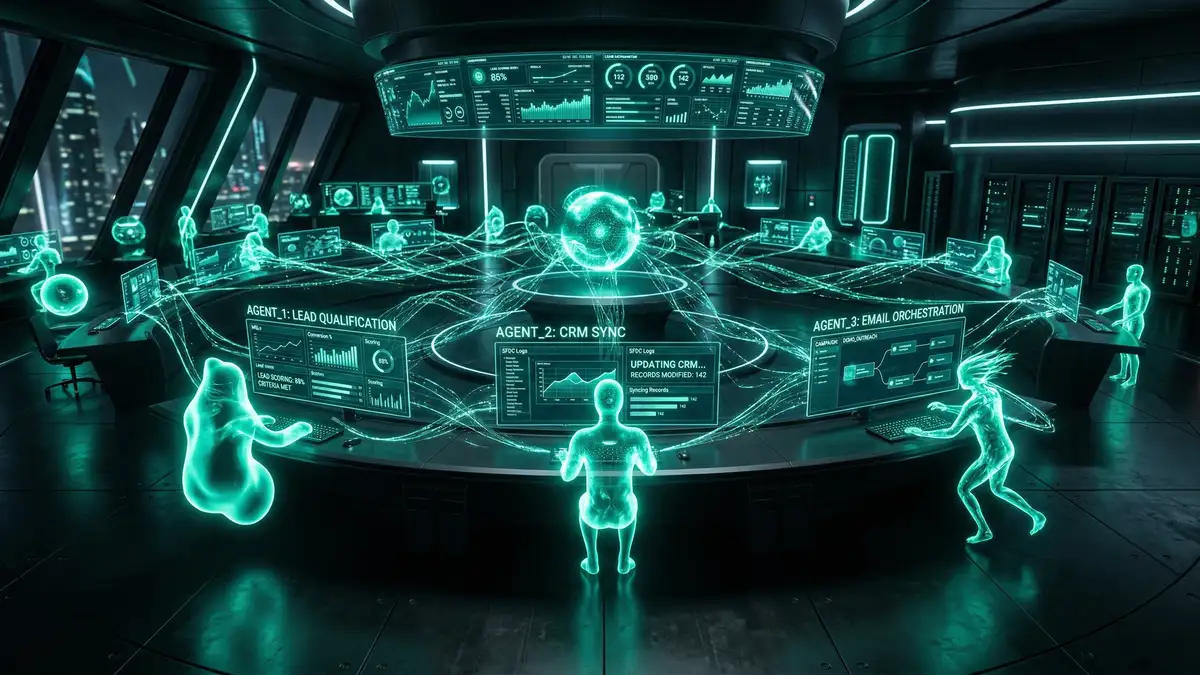 Multiple AI agents collaborating autonomously in a B2B command center with teal-green data streams connecting lead qualification CRM and email orchestration systems