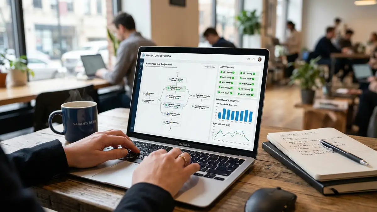 Business professional reviewing AI automation agency orchestration platform with real-time task status and analytics dashboard