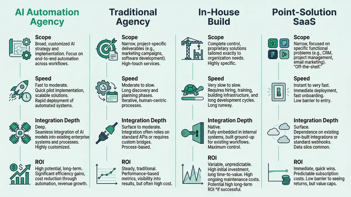 Infographic showing ROI progression comparing in-house AI build timeline versus AI automation agency deployment with cost and timeline benefits