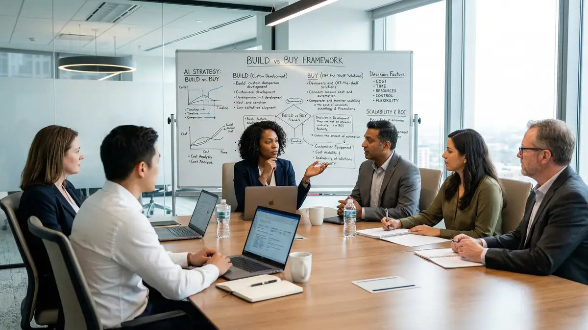 B2B leadership team analyzing total cost comparison charts for AI automation agency versus in-house team build decision