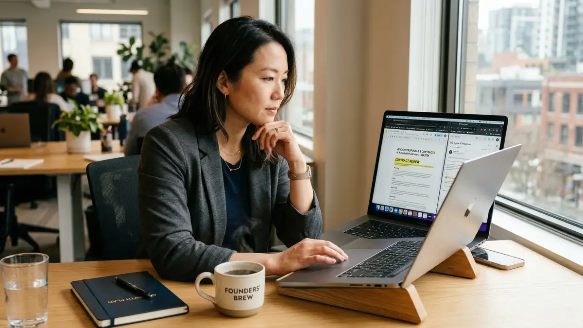Business executive reviewing AI automation agency proposal documents and pricing structure on laptop screen
