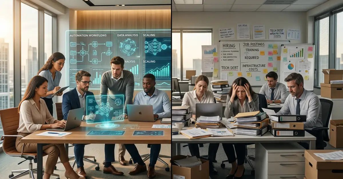 B2B executive team evaluating AI automation agency versus in-house team build options with cost comparison data on screen