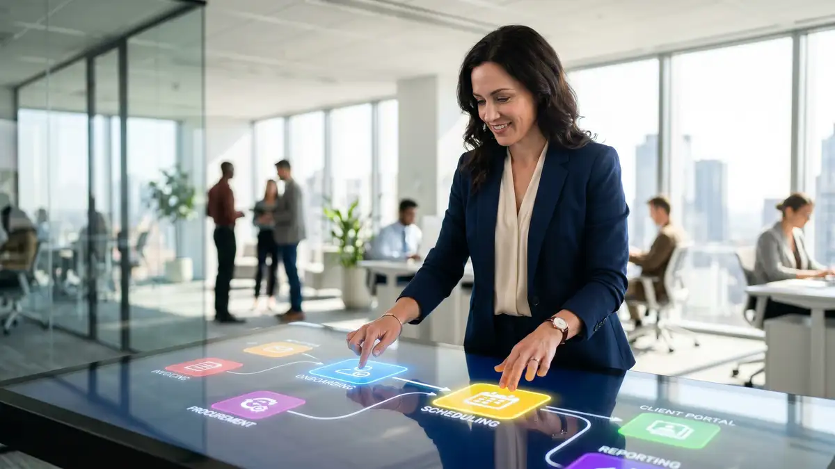 B2B operations team reviewing AI automation dashboards showing workflow efficiency metrics and cost reduction data