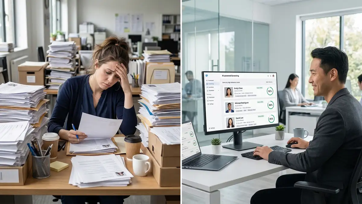 Split-screen comparing overwhelmed recruiter buried in paper resumes versus streamlined AI-powered candidate screening system with digital profiles