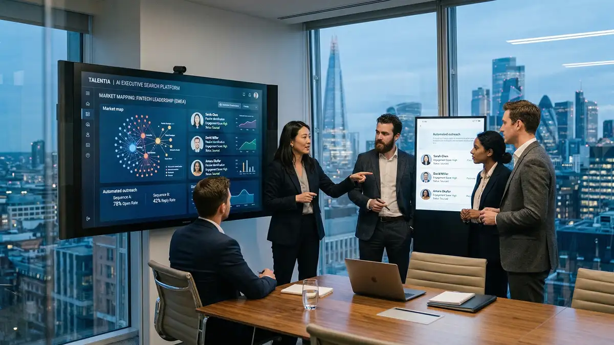Executive search team collaborating around interactive display showing AI candidate intelligence platform with market mapping and candidate profiles