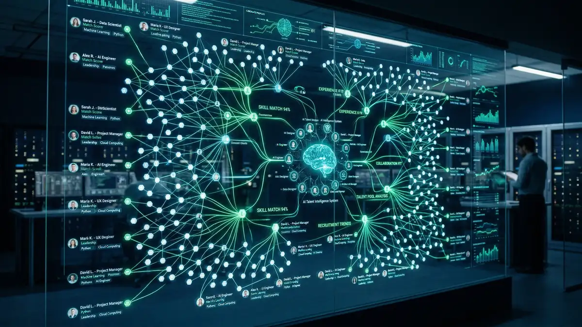 Abstract AI talent intelligence network showing interconnected professional profiles analyzed by algorithms with neural network overlay