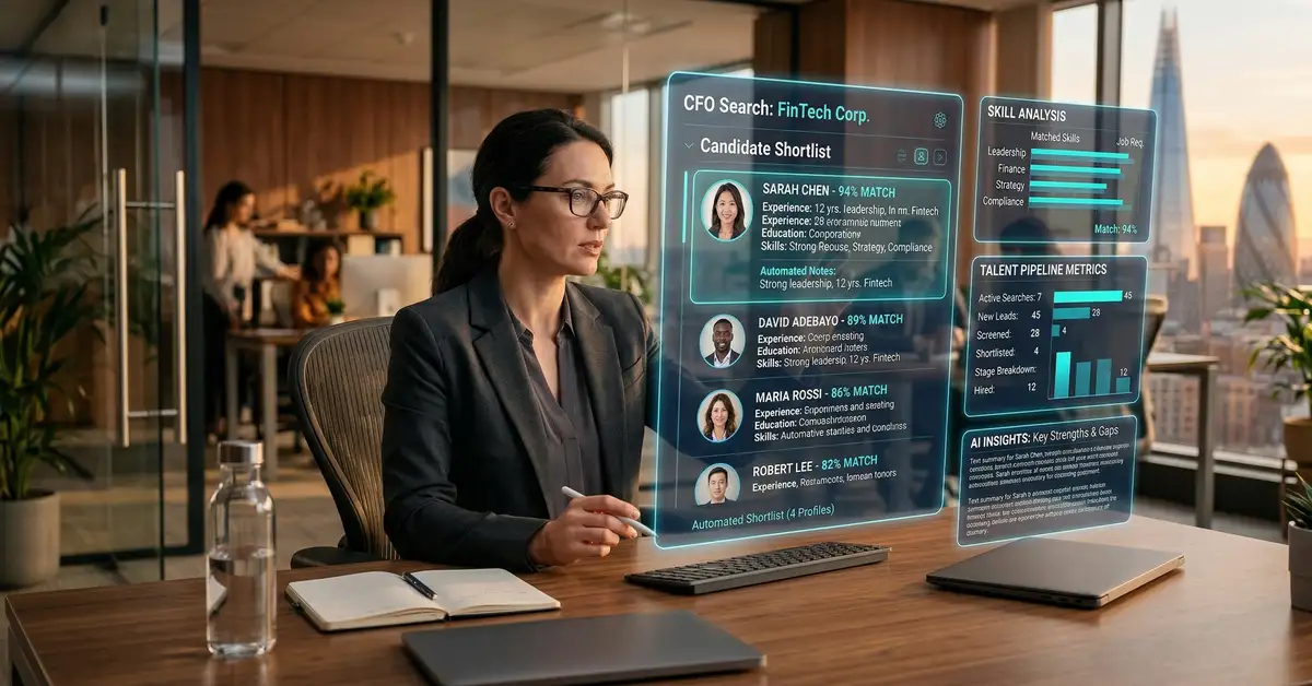 AI candidate screening system interface showing automated resume evaluation pipeline with candidate match scores and qualification analysis for executive search firms