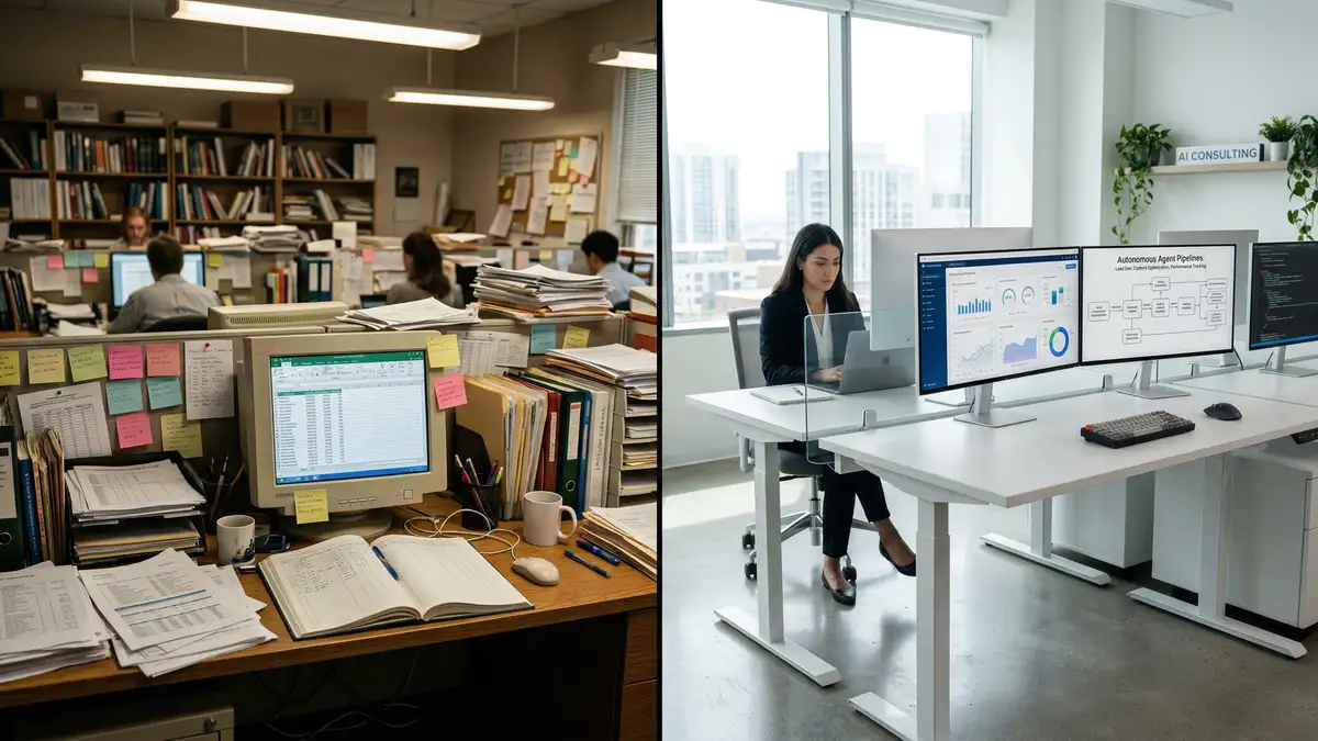 Comparison visualization of traditional digital agency vs AI consulting agency operating models and delivery structures