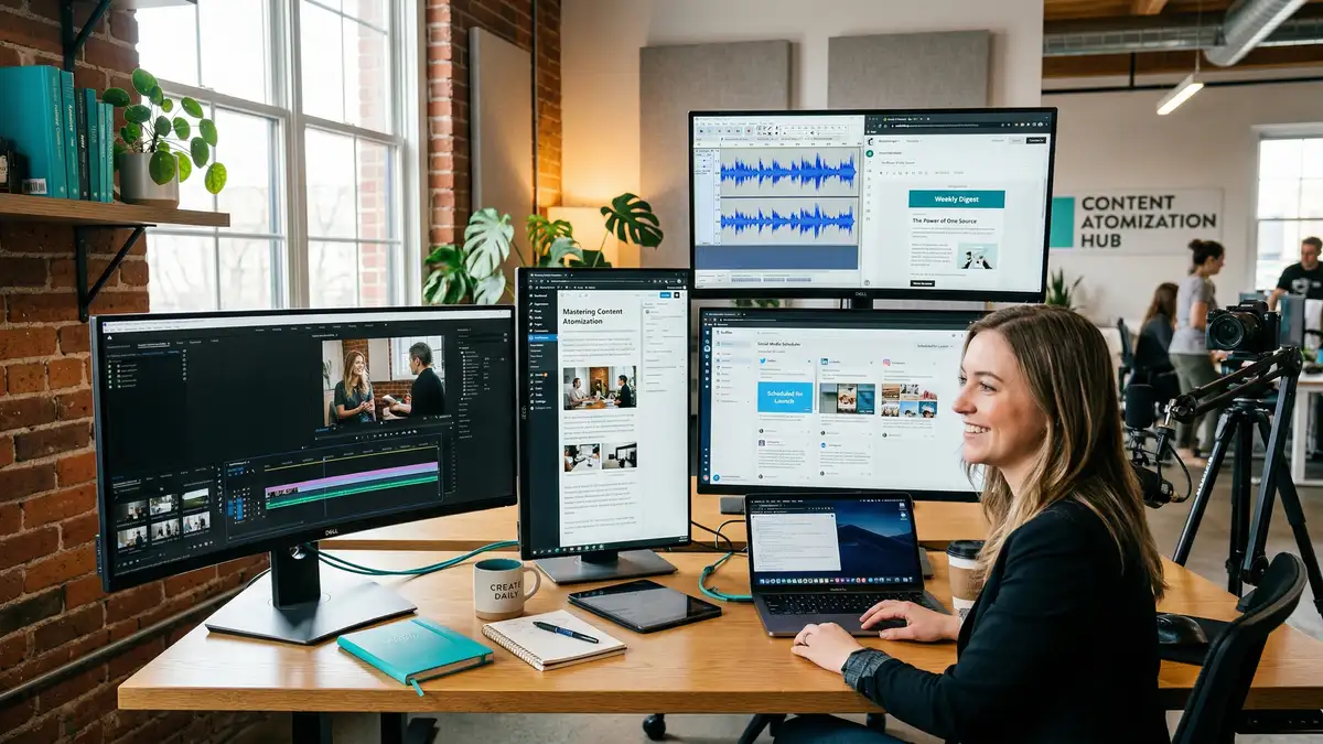 Modern content production workspace with multiple screens showing video player blog editor and social media scheduler for AI content repurposing