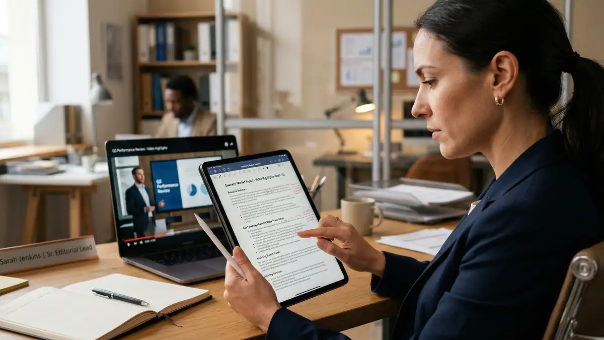 Professional reviewing AI-generated repurposed content on tablet with original video on laptop showing editorial quality review process