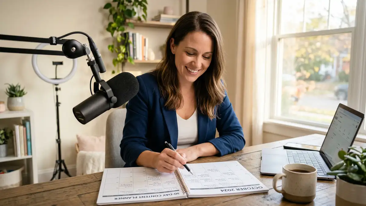 Business consultant at desk with microphone and content planner showing 30 days of scheduled posts for content repurposing strategy